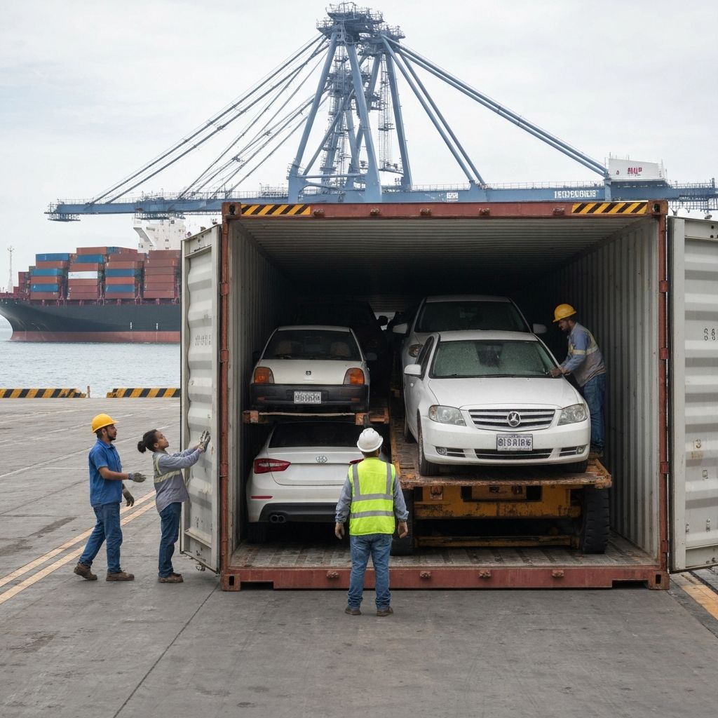Załadowanie aut do kontenera w porcie